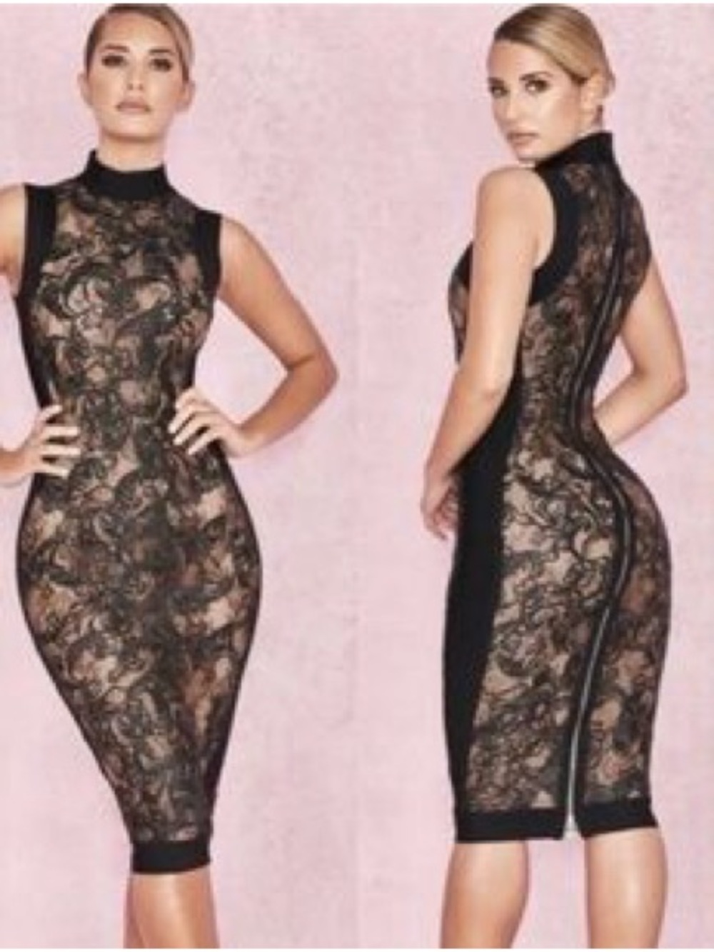 House of CB Black Lace & Nude Illusion Bodycon Midi Dress